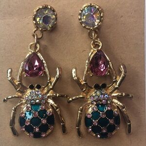 Gold Green and Pink Sparkly Dangling Spider Earrings